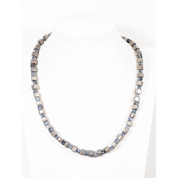 Gray Black Square Stone Cube Beaded Necklace 18" - Picture 1 of 9